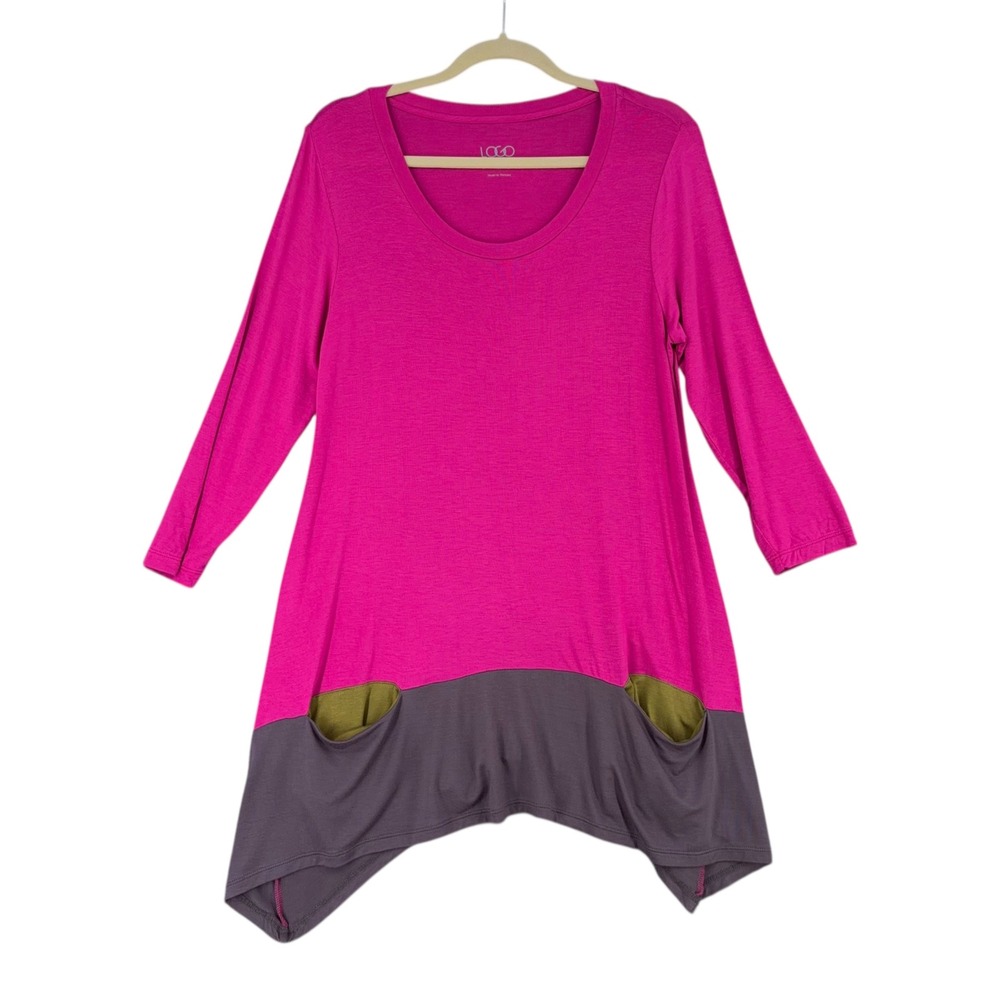 LOGO by Lori‎ Goldstein Tunic Top Pink Gray Asymmetrical Hem Pockets M